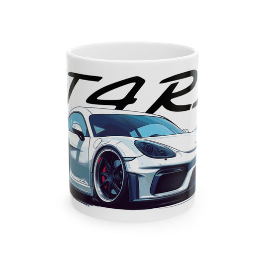 11oz White Coffee Mug with a Porsche Cayman GT4 RS with the GT4RS emblem placed above the car. 