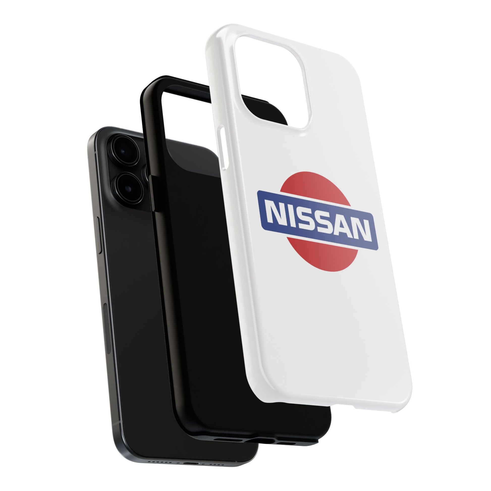 Exploded view of the White iPhone 15 Pro Max Vintage Nissan phone case.