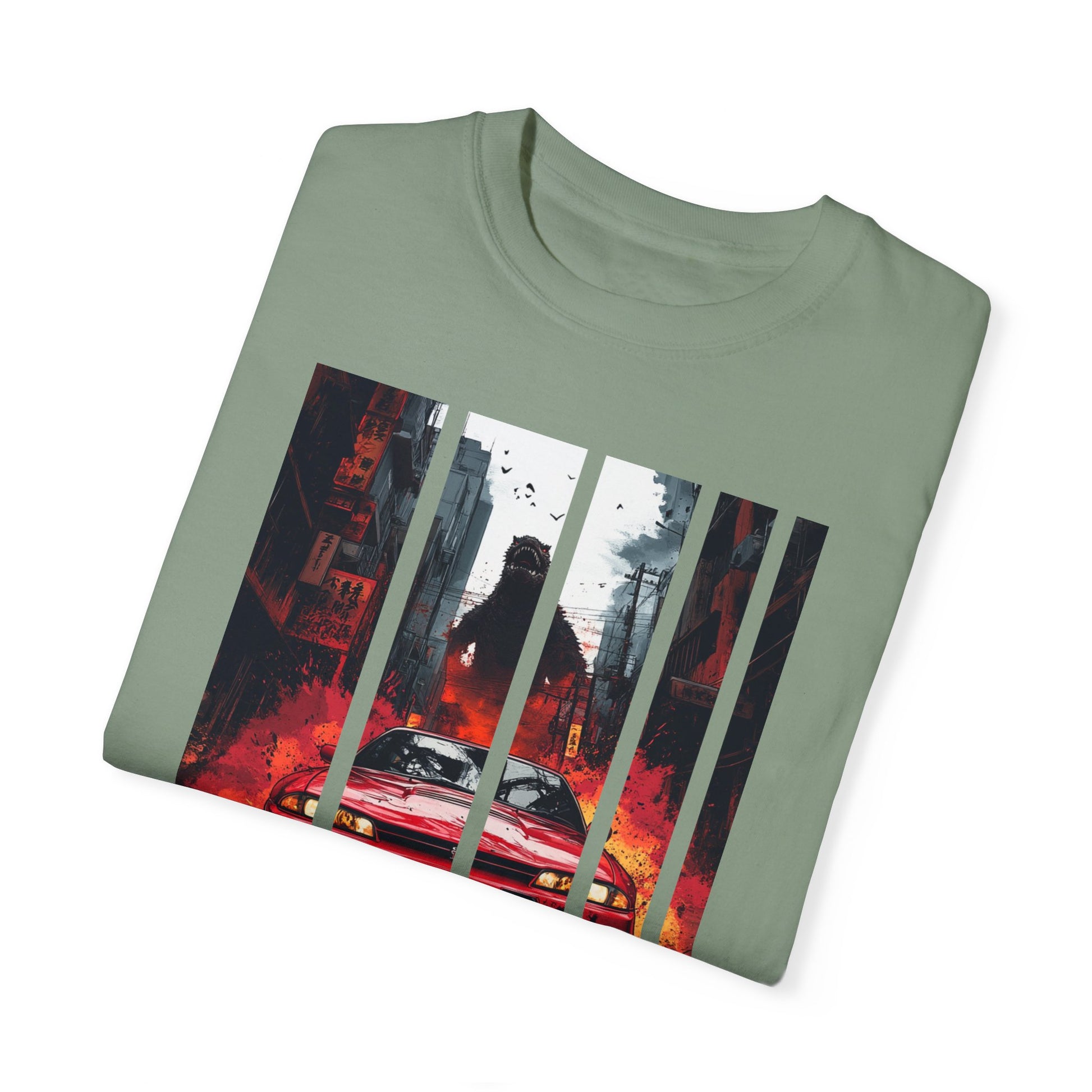 Folded green Godzilla T-shirt with Nissan GT-R design