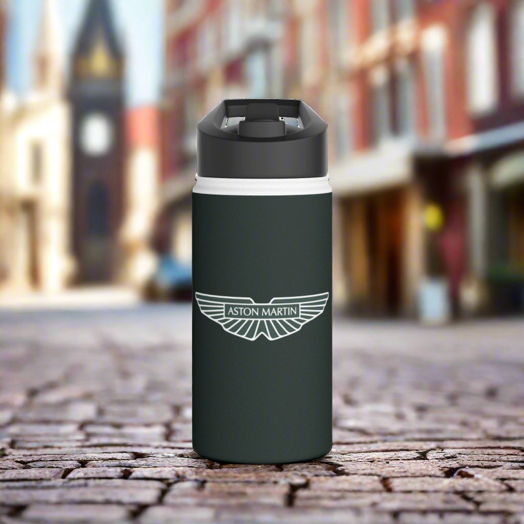 Front view of the 12oz Aston Martin stainless steel water bottle.