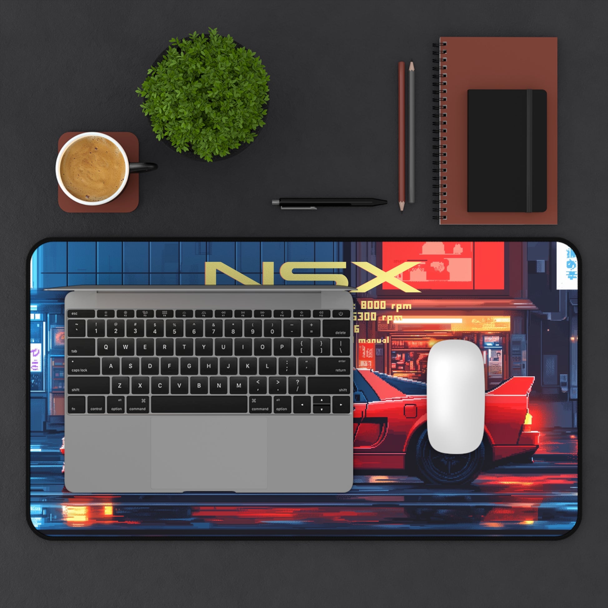 12 inch by 22 inch First Gen acura NSX Deskmat on a desk with laptop and mouse placed on top