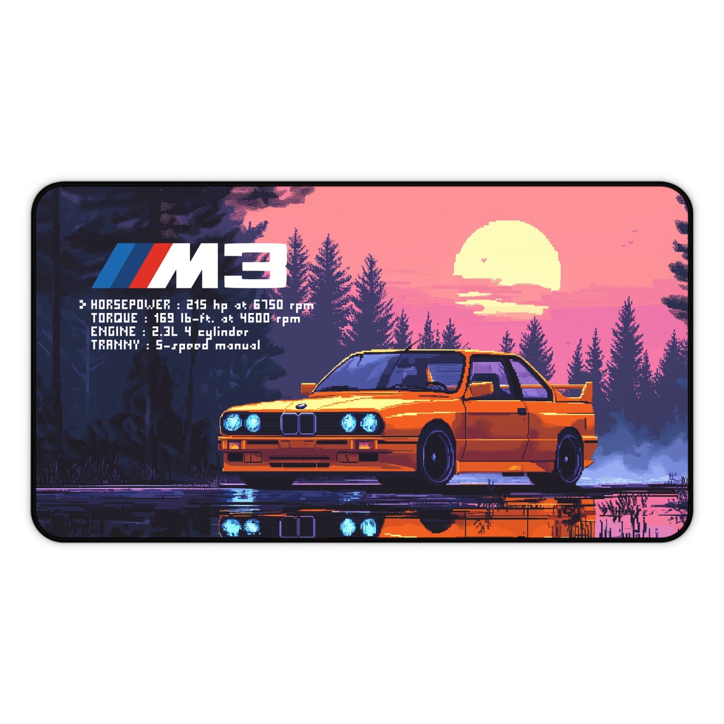 12 by 22 inch Top view of the Retro BMW M3 E30 deskmat showing the entire car graphic across the mat.