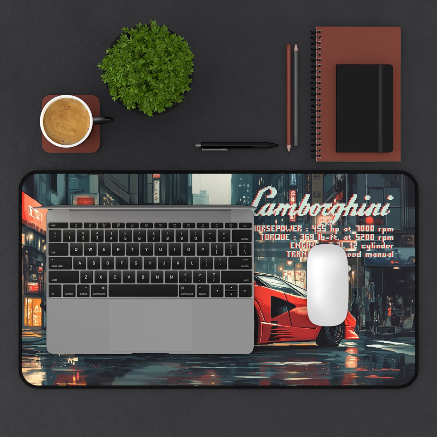 12 inch by 22 inch Lamborghini Countach Deskmat on a desk with laptop and mouse placed on top