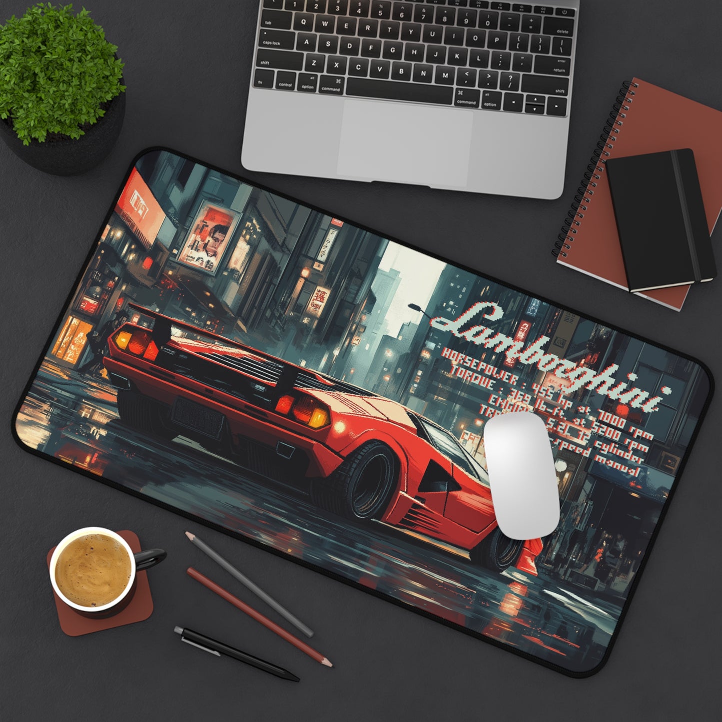 12 inch by 22 inch Lamborghini Countach Deskmat on a desk with mouse placed on top