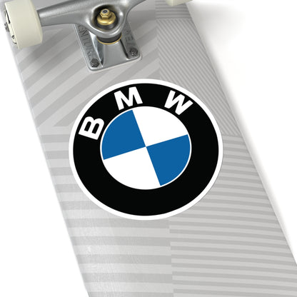 2 inch BMW sticker applied to a silver skateboard deck, highlighting its siz