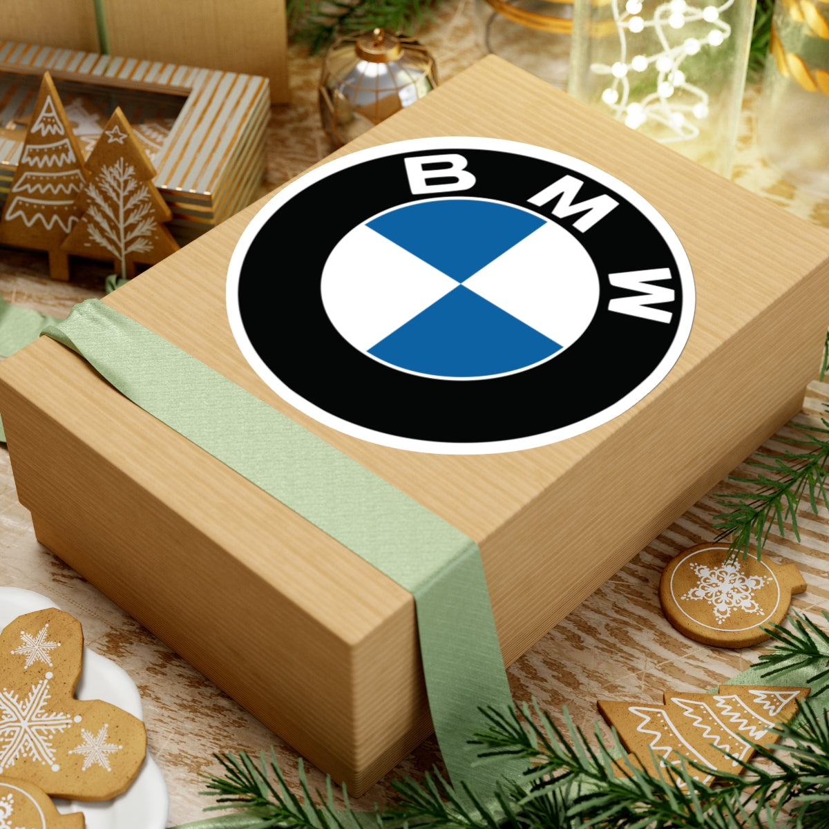 6 inch BMW sticker placed on a cardboard box.. 