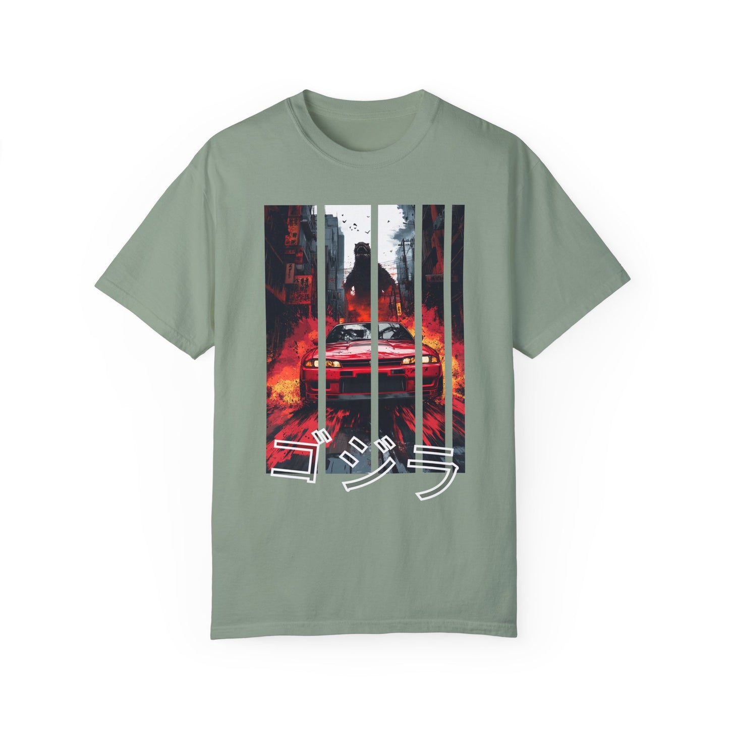 Green Godzilla T-shirt featuring bold Nissan GT-R print