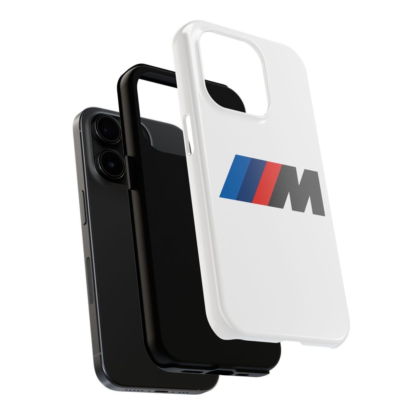 Exploded view of the White iPhone 15 Pro BMW M phone case.