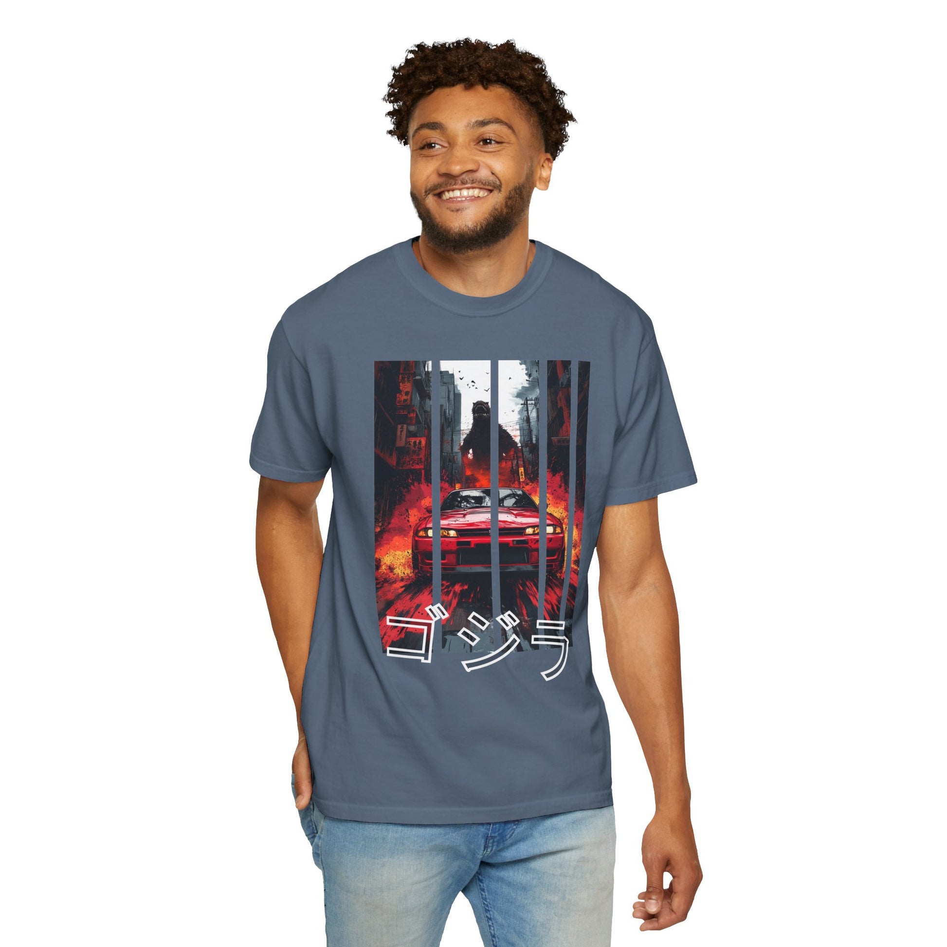 Blue Godzilla T-shirt with Nissan GT-R graphic design