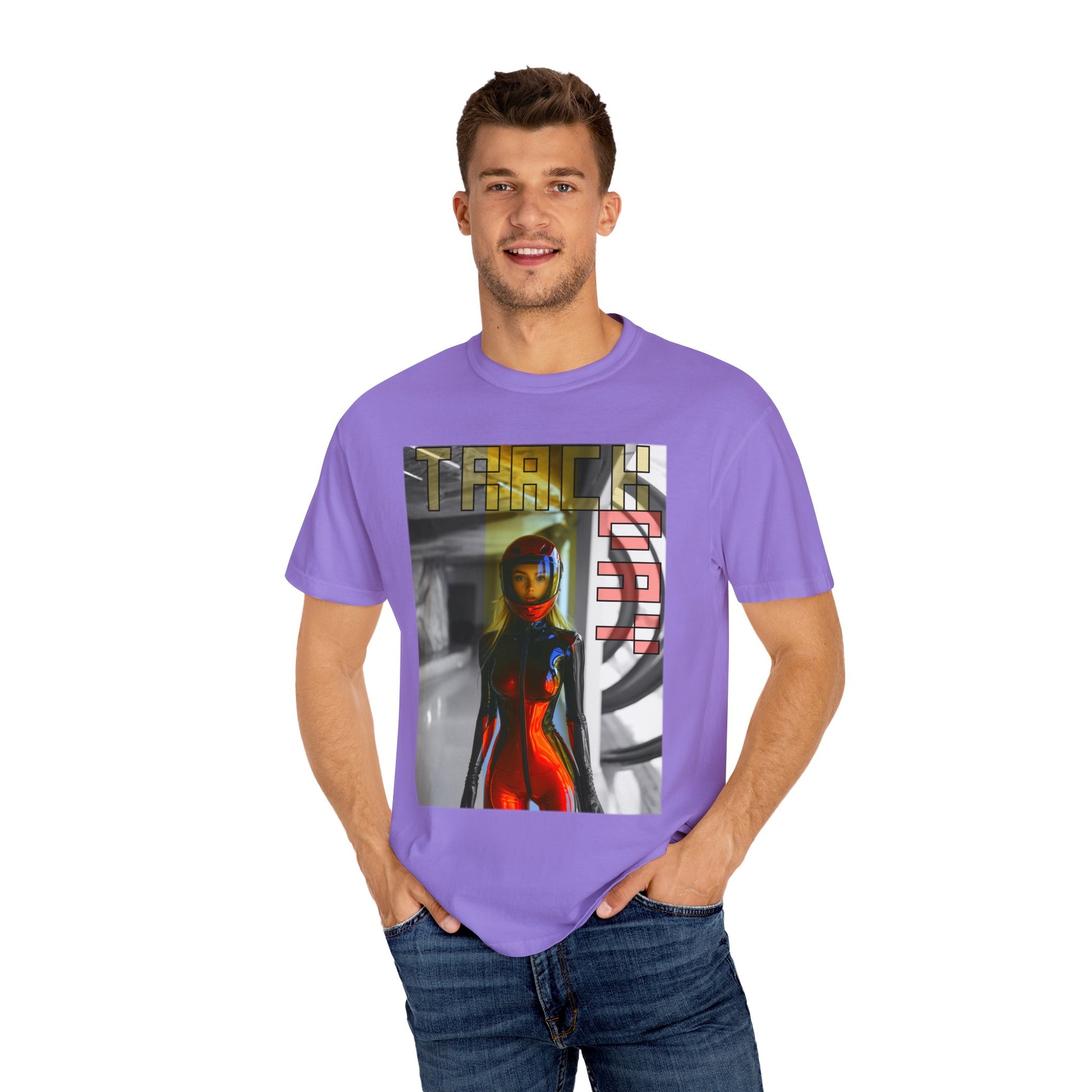 Model wearing Violet Track Day T-shirt