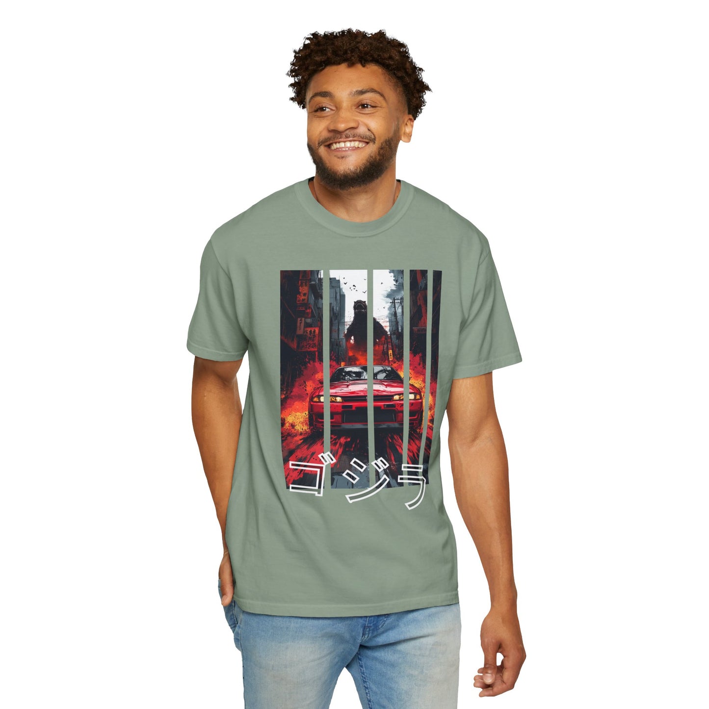 Green Godzilla T-shirt with Nissan GT-R graphic design