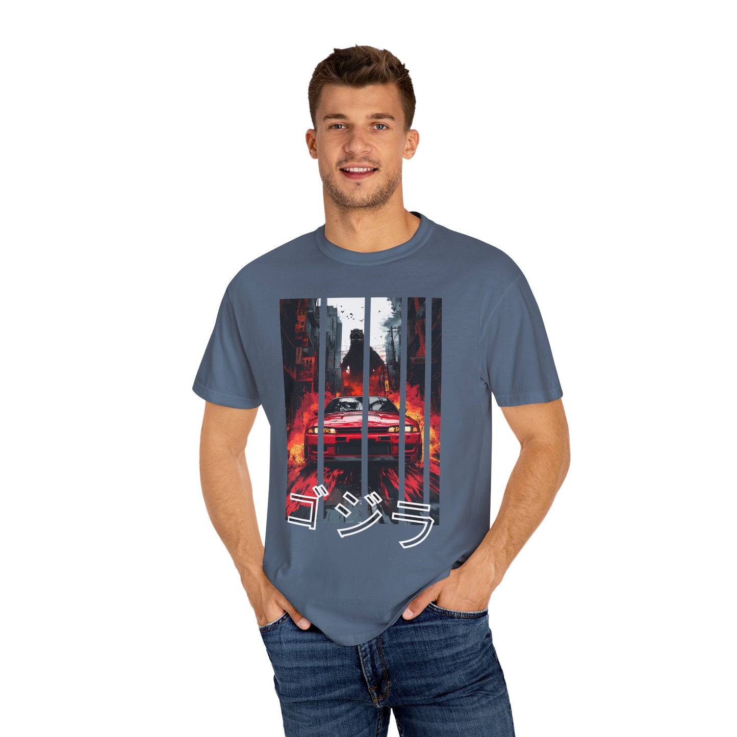 Blue Godzilla T-shirt with Nissan GT-R graphic design