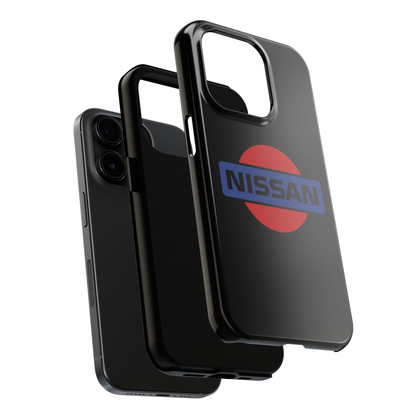 Exploded view of the Black iPhone 15 Pro Vintage Nissan phone case.