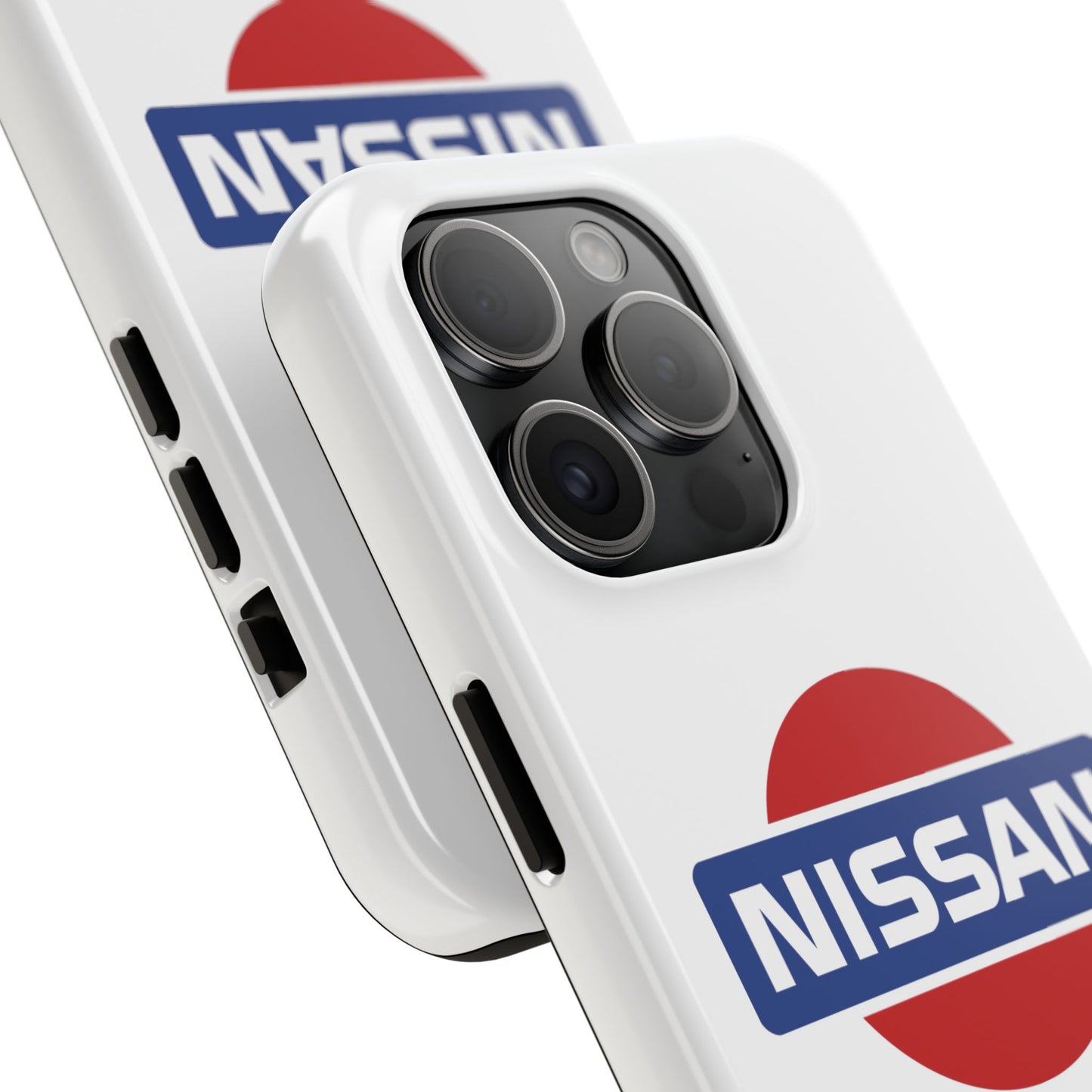 Back view of the White iPhone 15 Pro Vintage Nissan phone case.