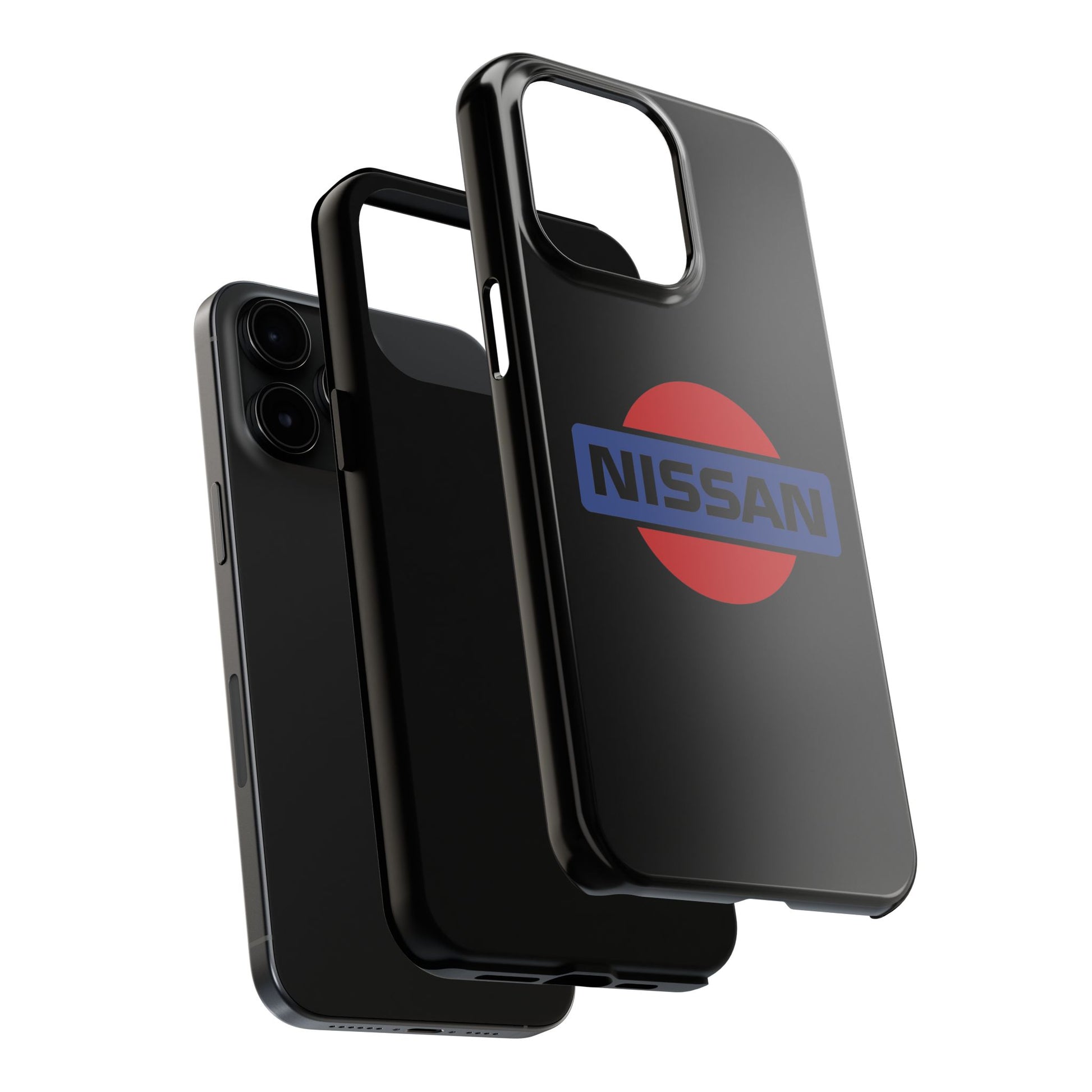 Exploded view of the Black iPhone 15 Pro Max Vintage Nissan phone case.