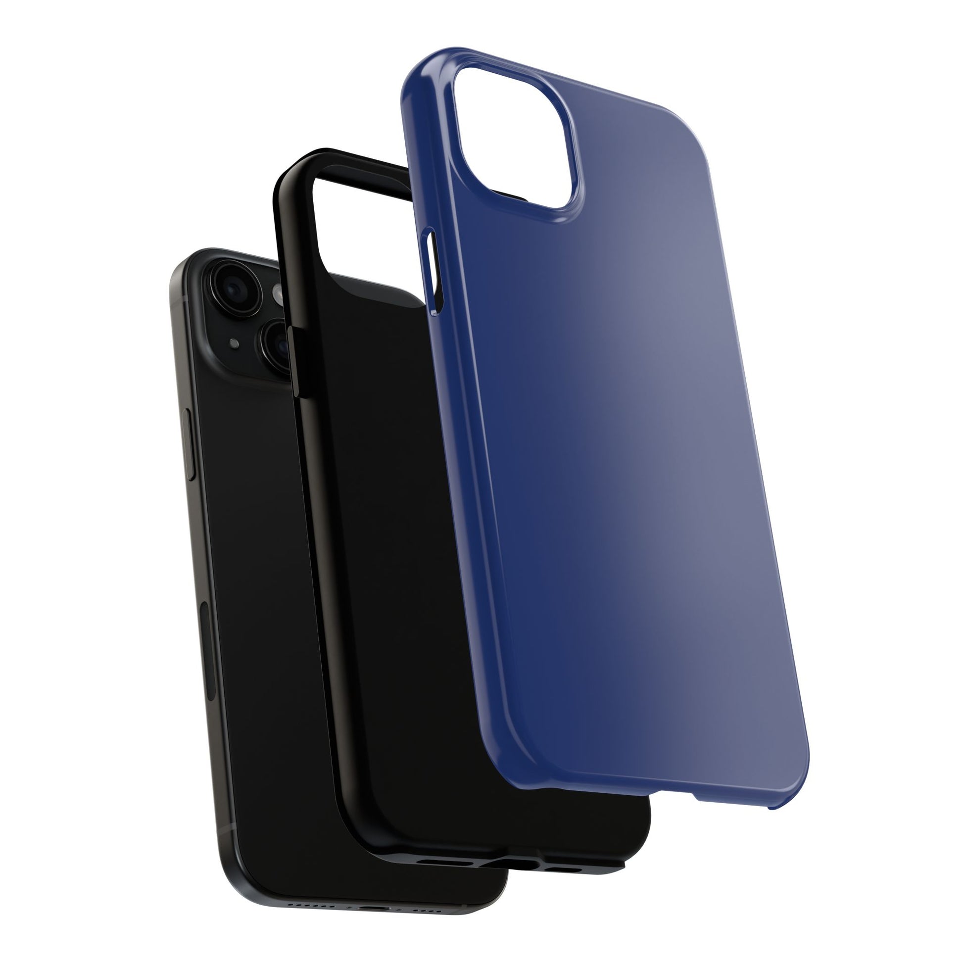 Exploded view of the iPhone 15 Plus BMW Tanzanite Blue phone case. 