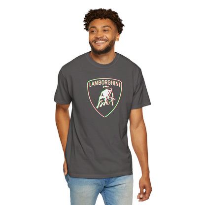 Model wearing Red/Green Accent Lamborghini Grey T-shirt