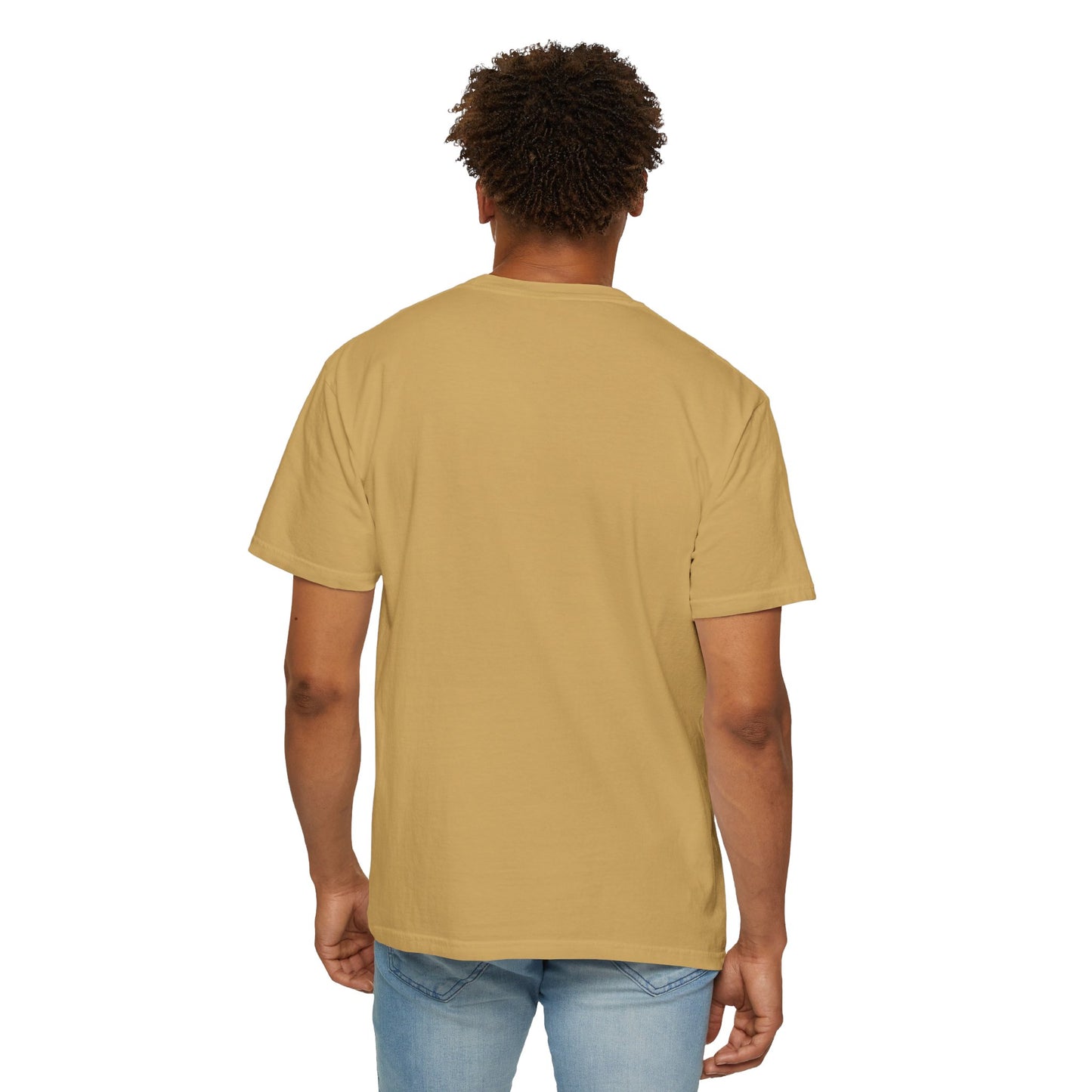 Rear view of model wearing Mustard Track Day T-shirt