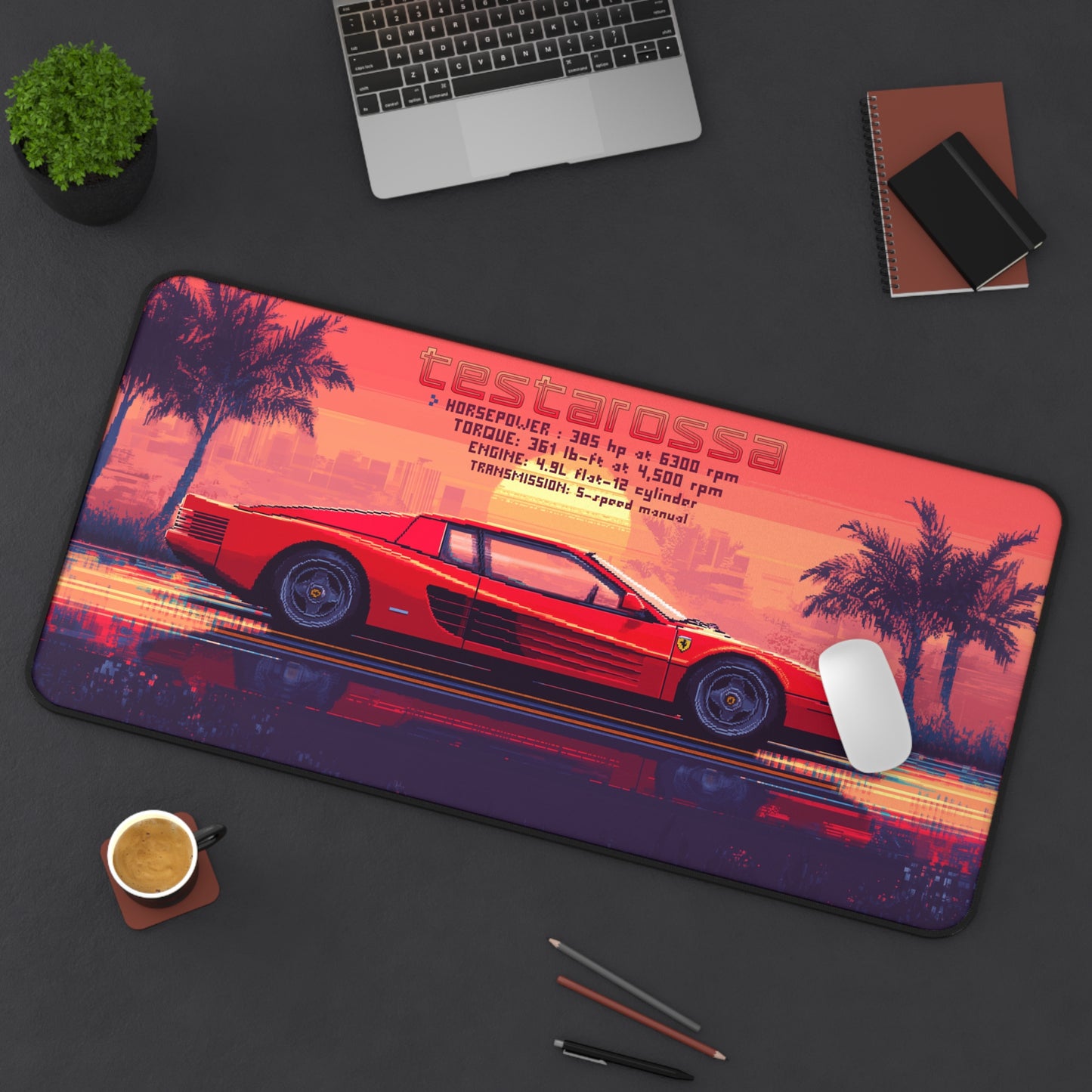 15.5 inch by 31 inch Ferrari Testarossa  Deskmat on a desk with mouse placed on top