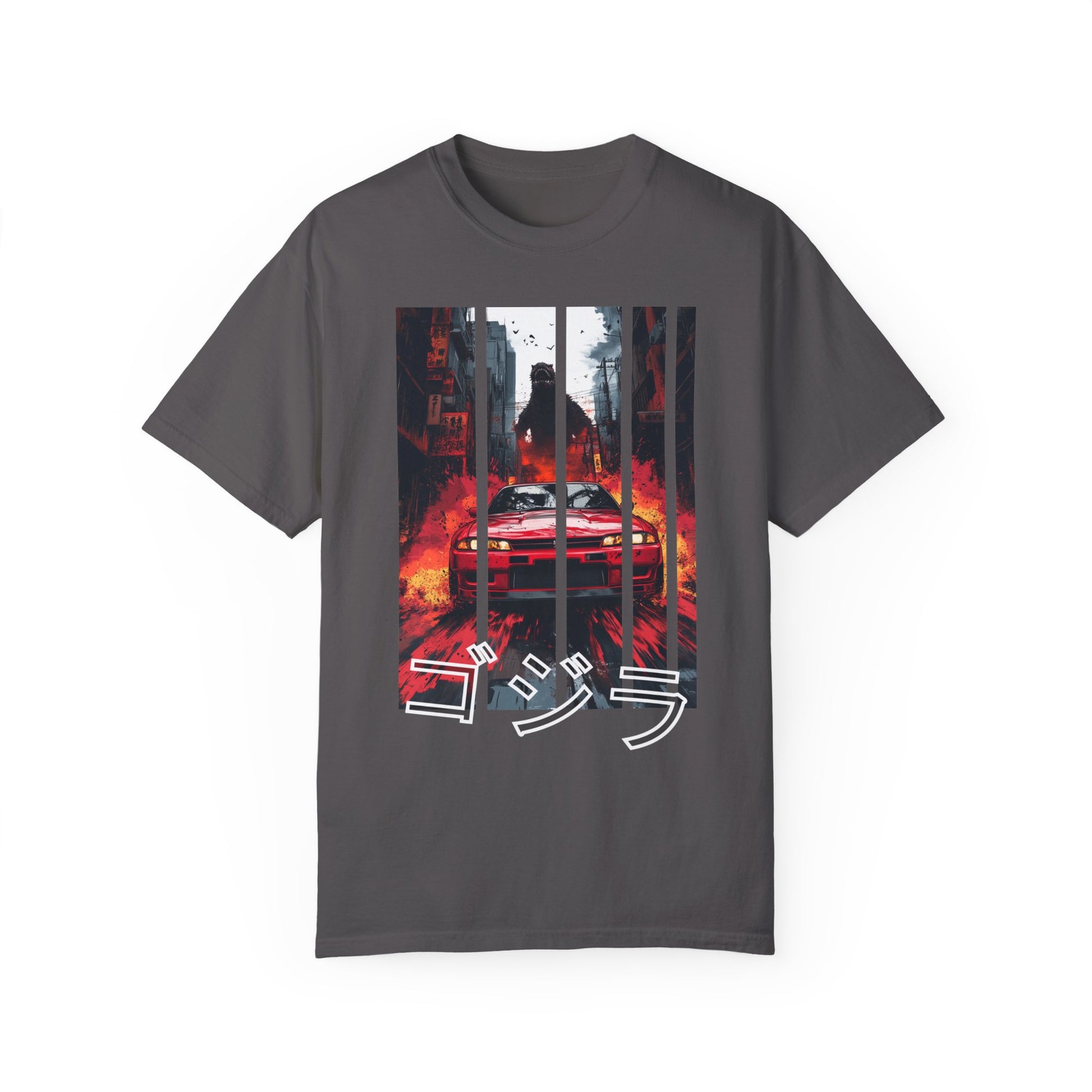 Dark gray Godzilla T-shirt featuring bold Nissan GT-R print