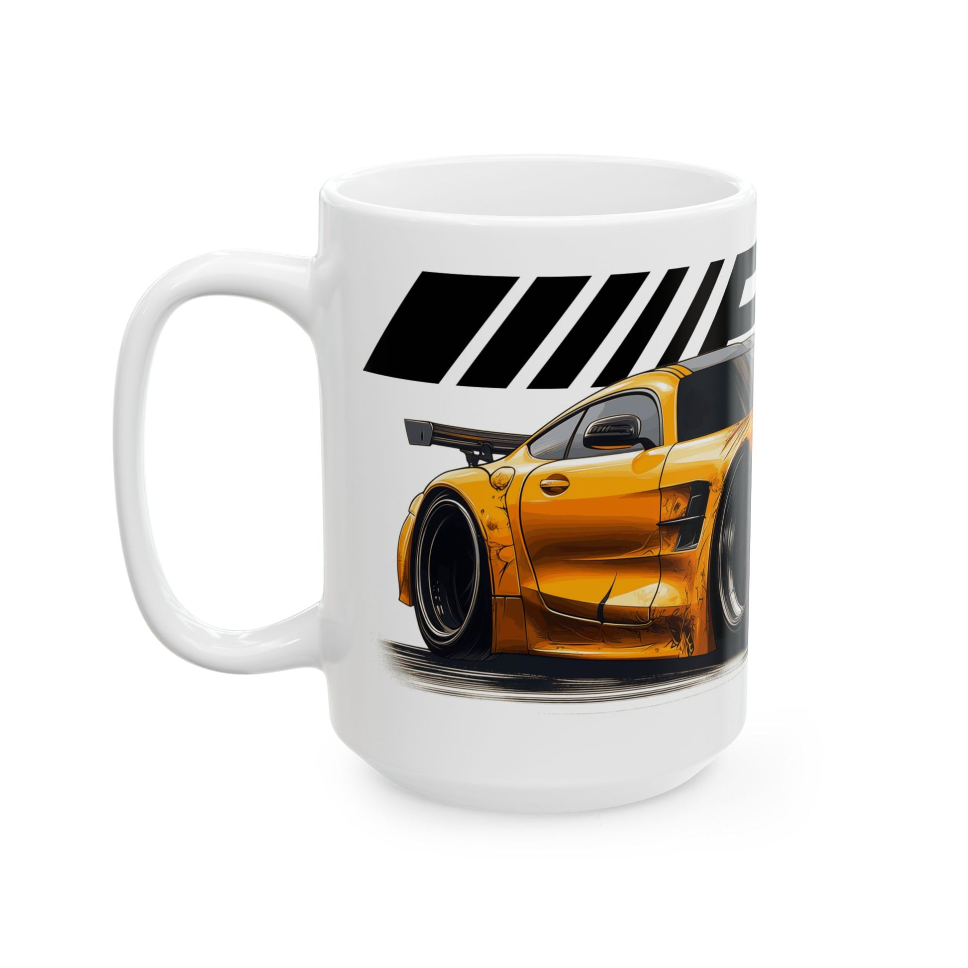 Left side view of the 15oz White Coffee Mug with a Solarbeam Yellow AMG GT with the AMG Logo placed behind the car.