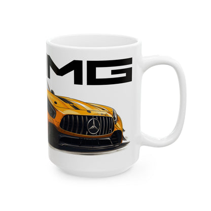 Right side view of the 15oz White Coffee Mug with a Solarbeam Yellow AMG GT with the AMG Logo placed behind the car.