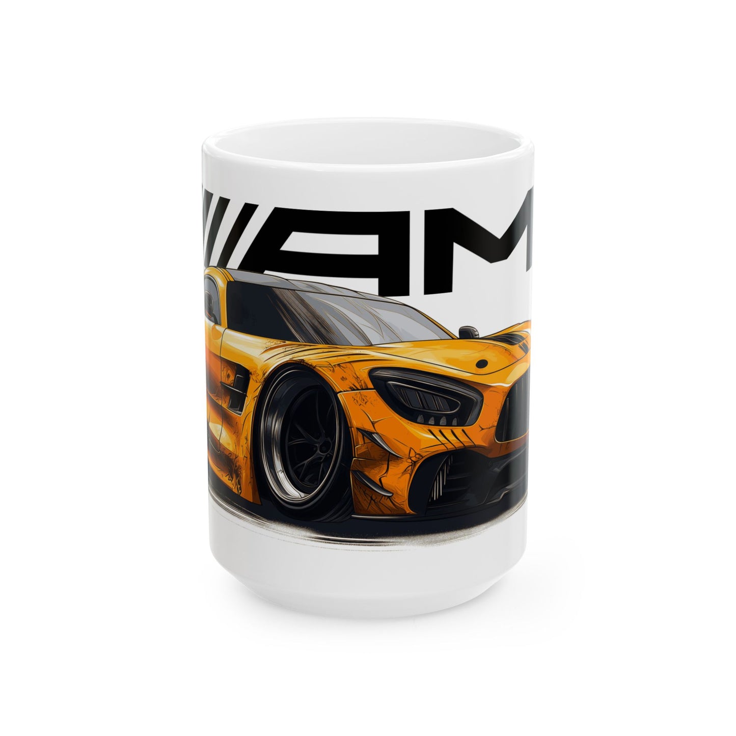 15oz White Coffee Mug with a Solarbeam Yellow AMG GT with the AMG Logo placed behind the car. 