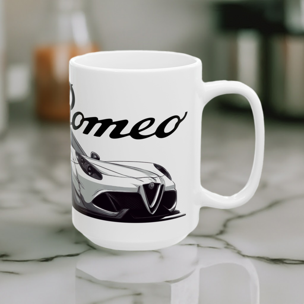 Right side of 15oz Alfa Romeo 4C coffee mug