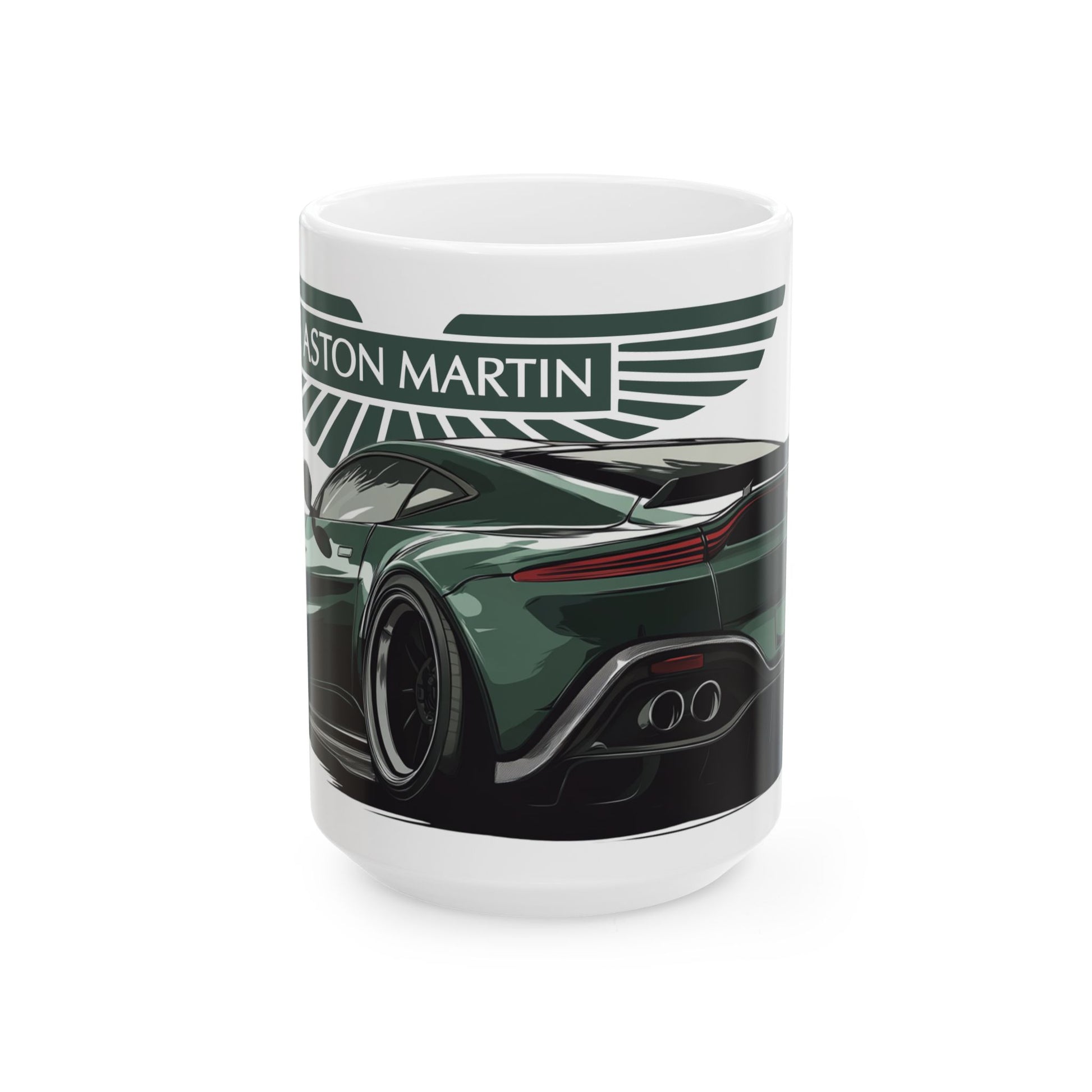 Angled view of the Aston Martin Vantage mug displaying the full car illustration.