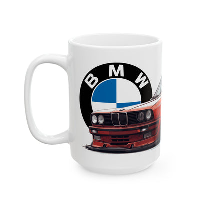 White ceramic mug featuring a detailed front view illustration of a classic red BMW E30 with a vintage design, perfect for car enthusiasts.