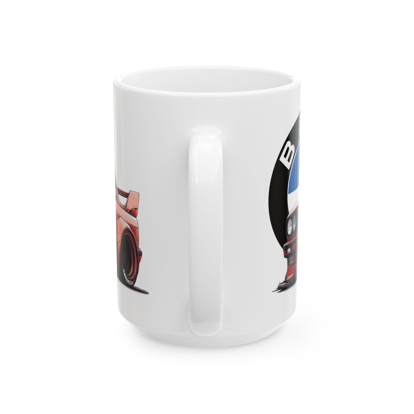 Back view of the E30 BMW mug highlighting the same red BMW E30 and BMW logo from the handle perspective.