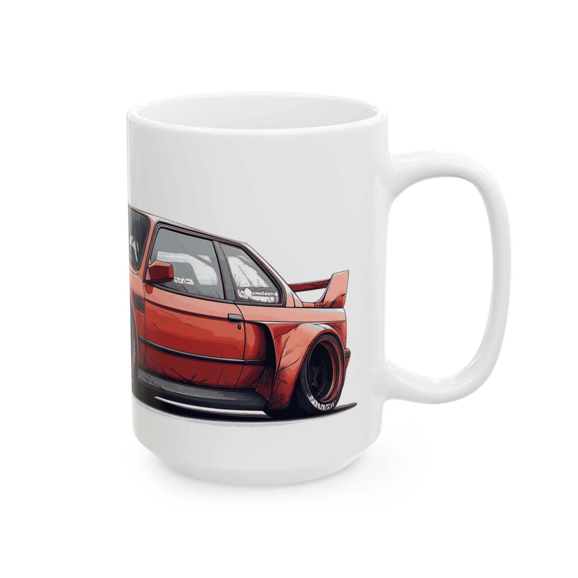 Back view of the E30 BMW mug highlighting the same red BMW E30 design from a different angle.