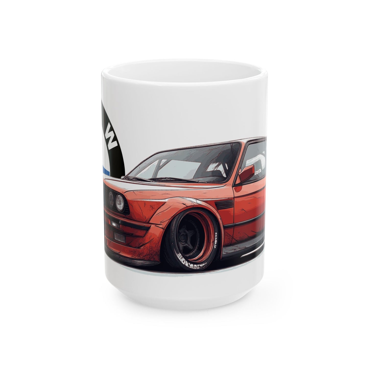 Side view of the E30 BMW mug showcasing the red BMW E30 illustration against a white ceramic background.