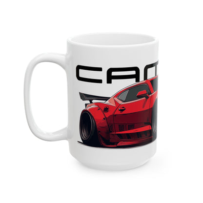 Left side view of the 15oz White Coffee Mug with a Red Chevy Camaro with the Camaro emblem placed above the car. 