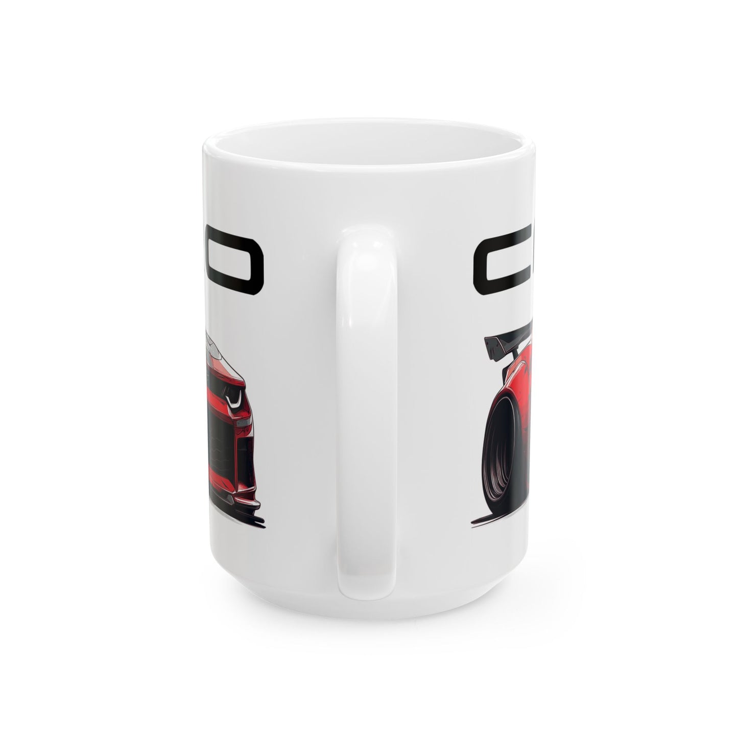 Mug handle view of 15oz White Coffee Mug with a Red Chevy Camaro with the Camaro emblem placed above the car.  