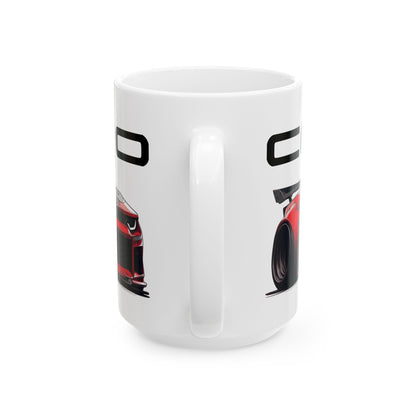 Mug handle view of 15oz White Coffee Mug with a Red Chevy Camaro with the Camaro emblem placed above the car.  