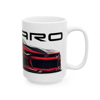 Right side view of the 15oz White Coffee Mug with a Red Chevy Camaro with the Camaro emblem placed above the car. 