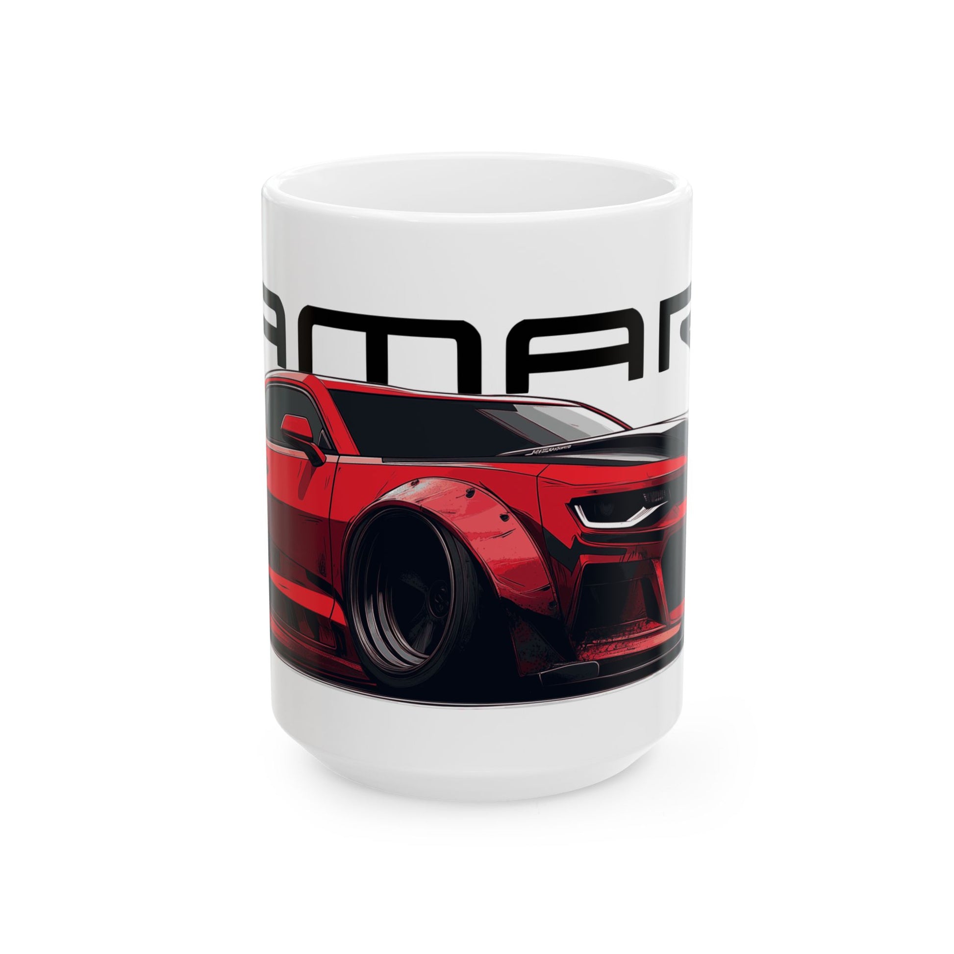 15oz White Coffee Mug with a Red Chevy Camaro with the Camaro emblem placed above the car.   