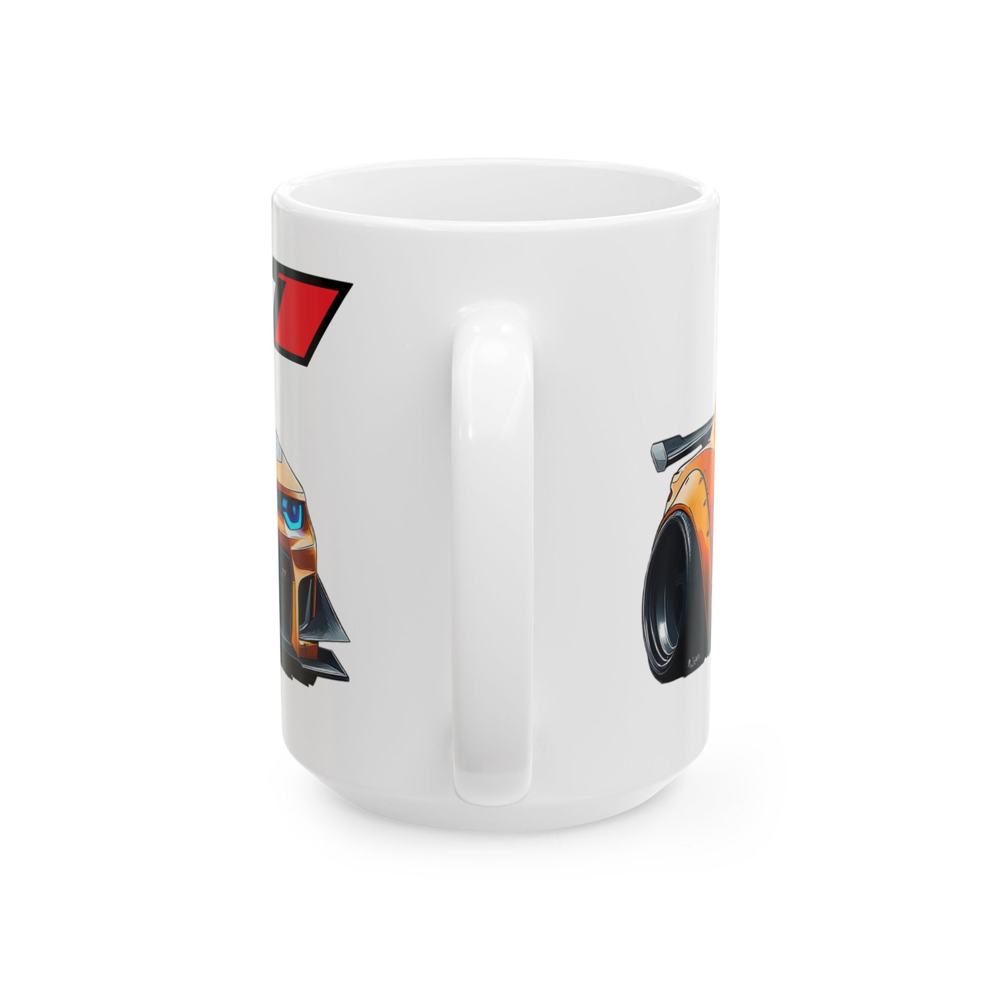 Mug handle view of 15oz White Coffee Mug with a Chevy Camaro ZL1 with the ZL1 emblem placed behind the car. 