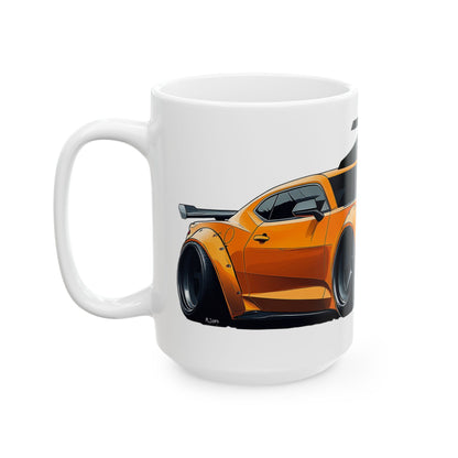 Left side view of the 15oz White Coffee Mug with a Chevy Camaro ZL1 with the ZL1 emblem placed behind the car. 