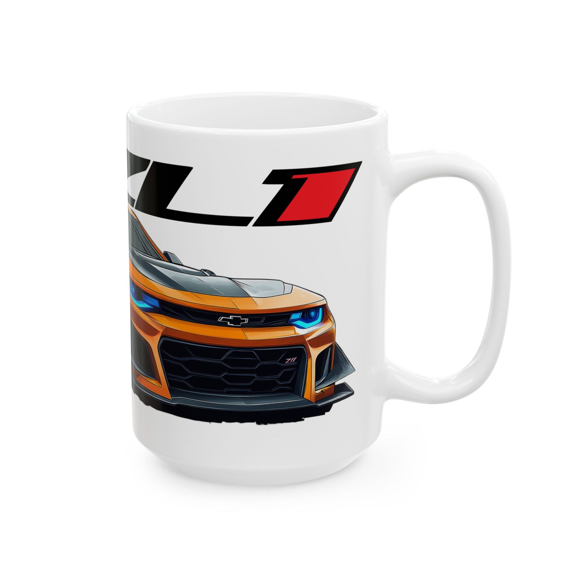 Right side view of the 15oz White Coffee Mug with a Chevy Camaro ZL1 with the ZL1 emblem placed behind the car. 