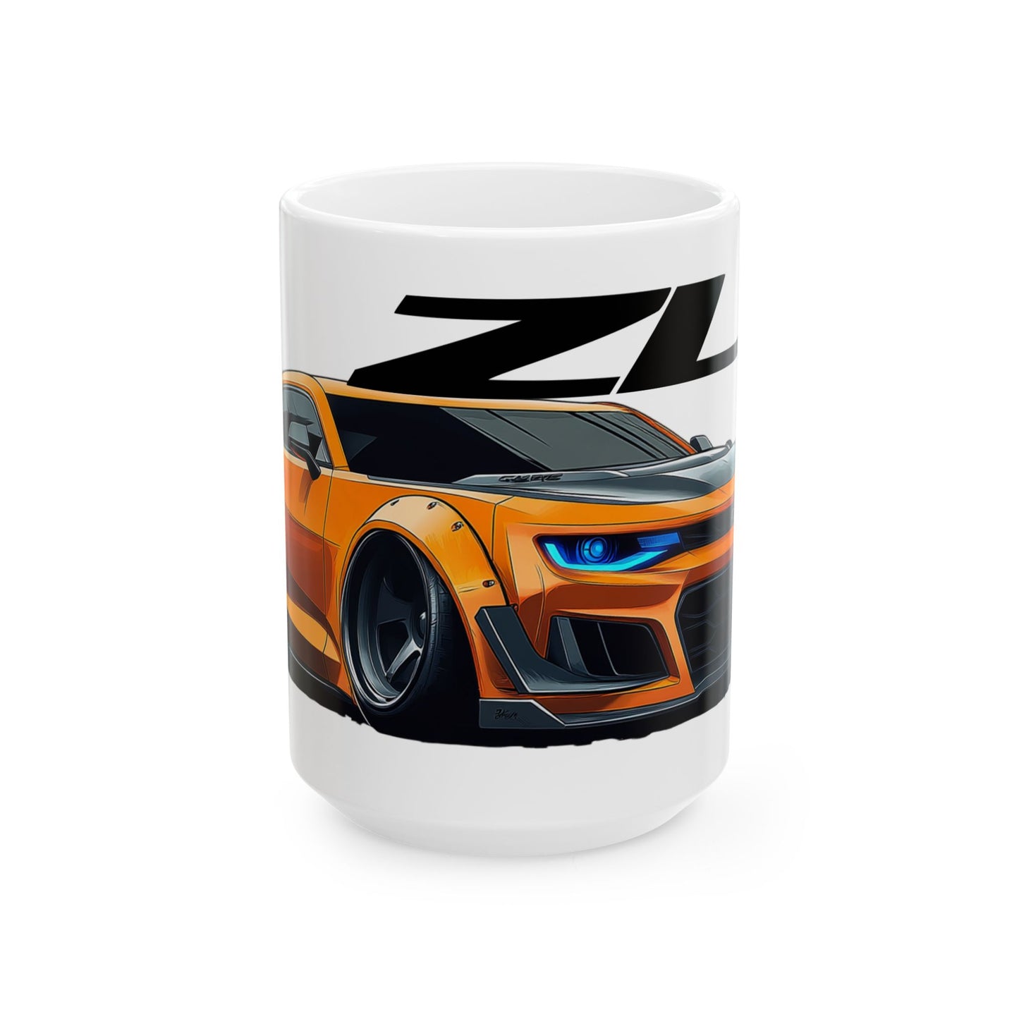 15oz White Coffee Mug with a Chevy Camaro ZL1 with the ZL1 emblem placed behind the car.   