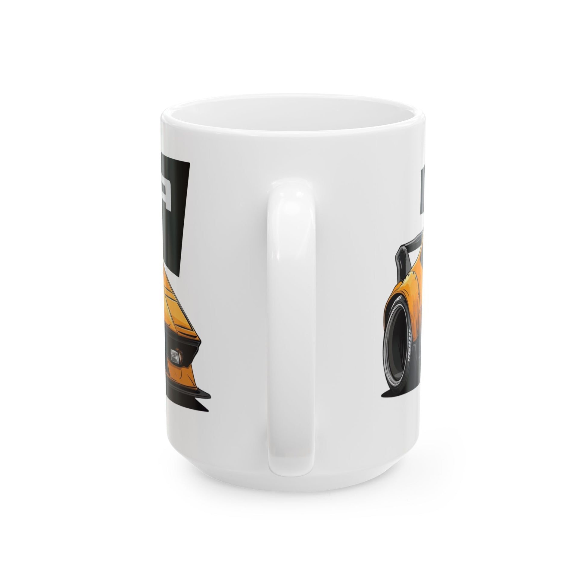 Mug handle view of 15oz White Coffee Mug with a DeTomaso Pantera with the Pantera emblem placed behind the car.