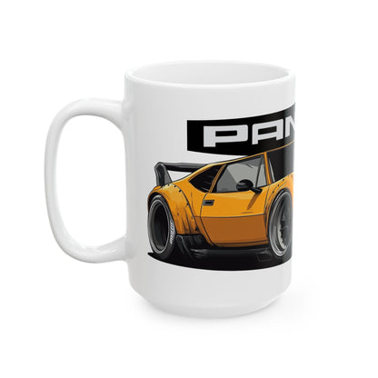 Left side view of the 15oz White Coffee Mug with a DeTomaso Pantera with the Pantera emblem placed behind the car.