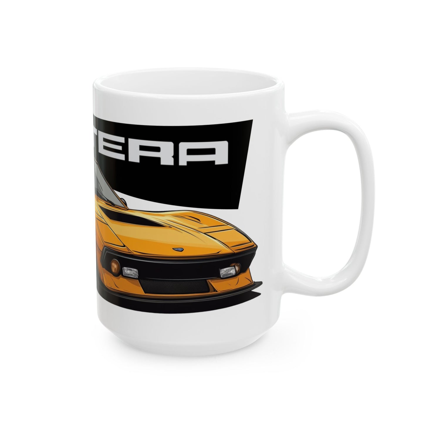 Right side view of the 15oz White Coffee Mug with a DeTomaso Pantera with the Pantera emblem placed behind the car.