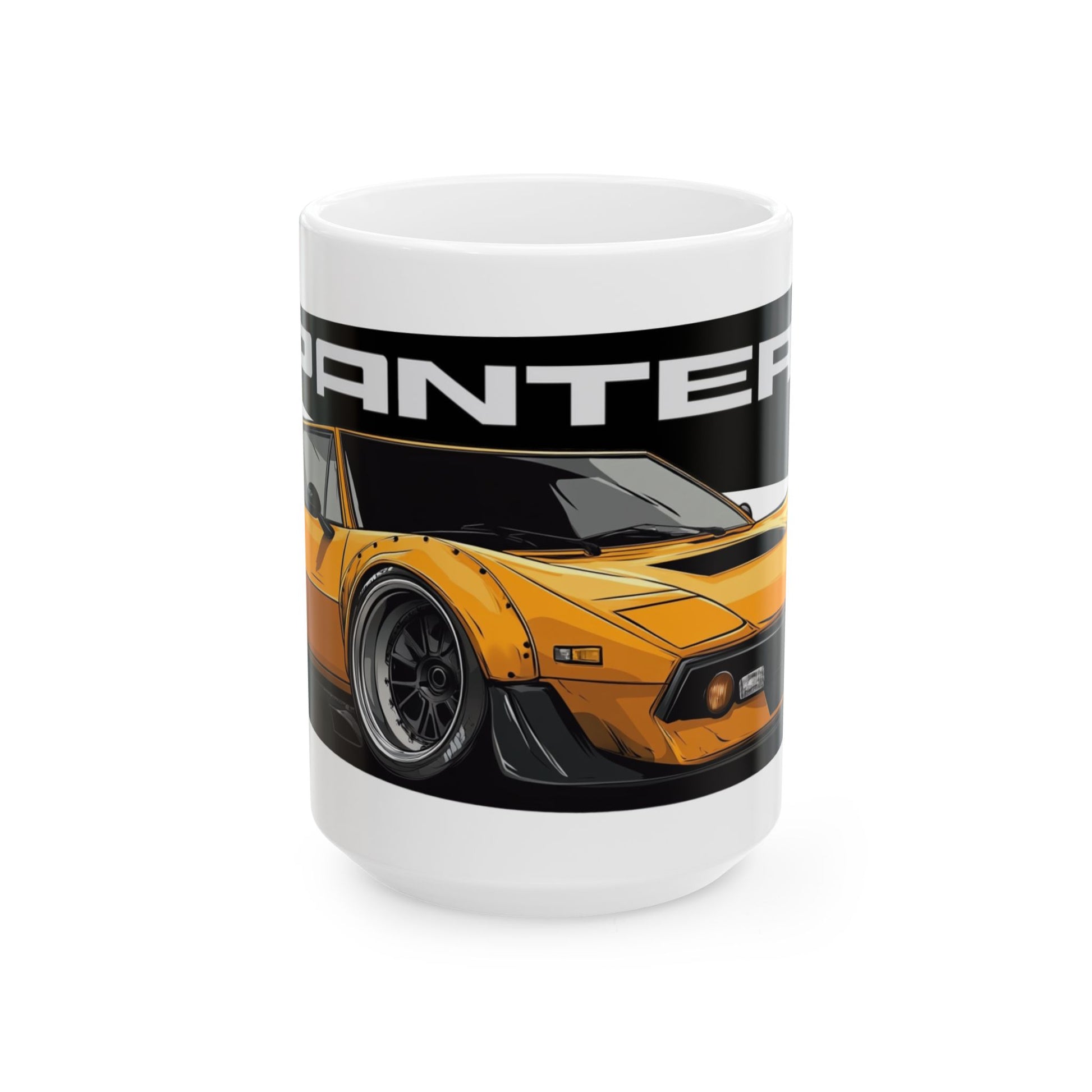 15oz White Coffee Mug with a DeTomaso Pantera with the Pantera emblem placed behind the car. 