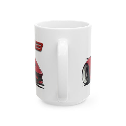 Mug handle view of 15oz White Coffee Mug with a Ferrari 296 GTB with the 296 GTB emblem placed behind the car.