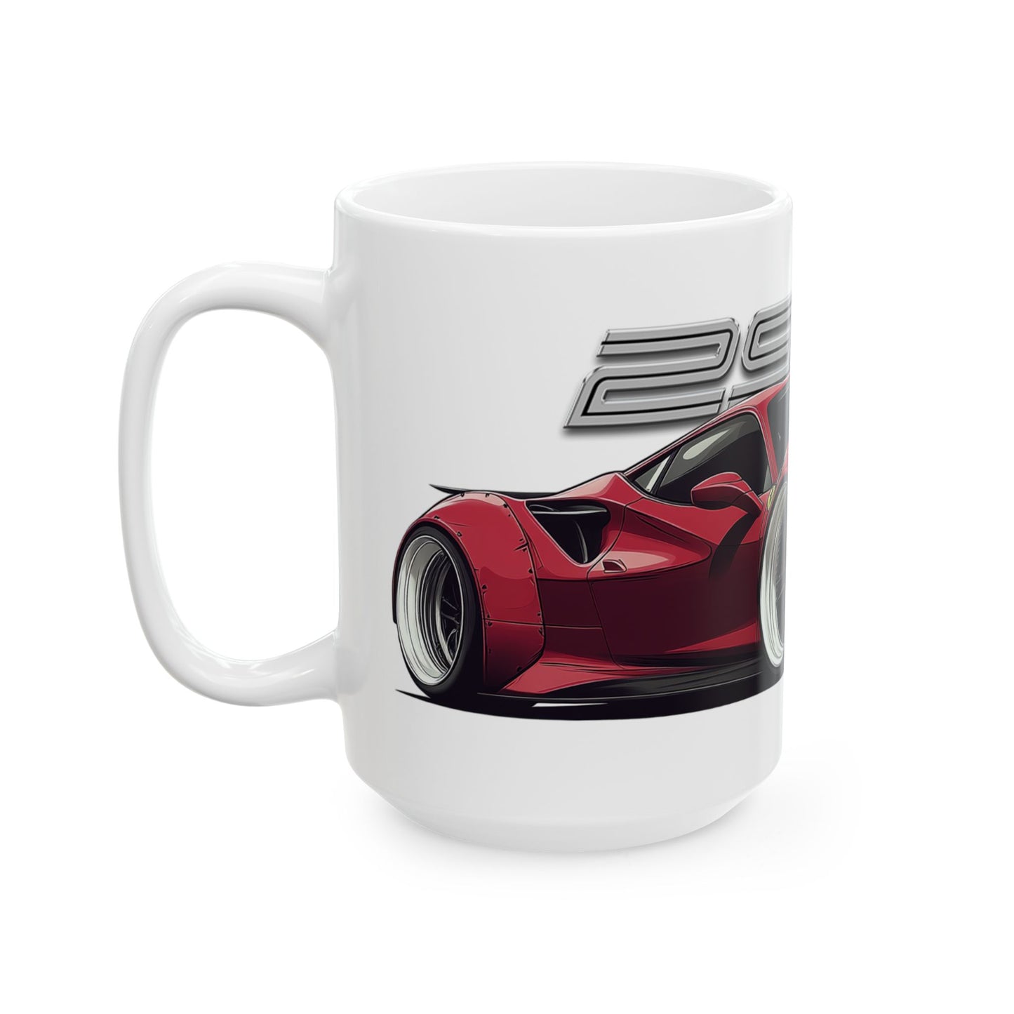 Left side view of the 15oz White Coffee Mug with a Ferrari 296 GTB with the 296 GTB emblem placed behind the car.