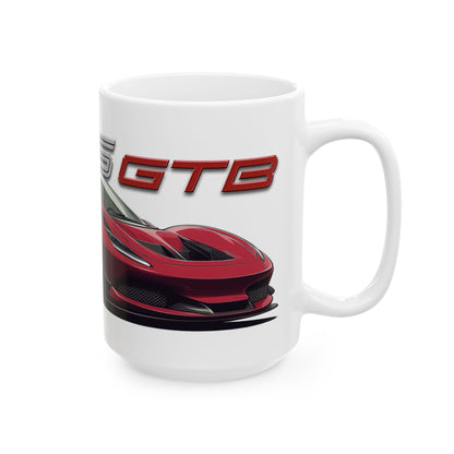 Right side view of the 15oz White Coffee Mug with a Ferrari 296 GTB with the 296 GTB emblem placed behind the car.