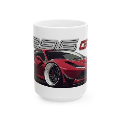 15oz White Coffee Mug with a Ferrari 296 GTB with the 296 GTB emblem placed behind the car. 